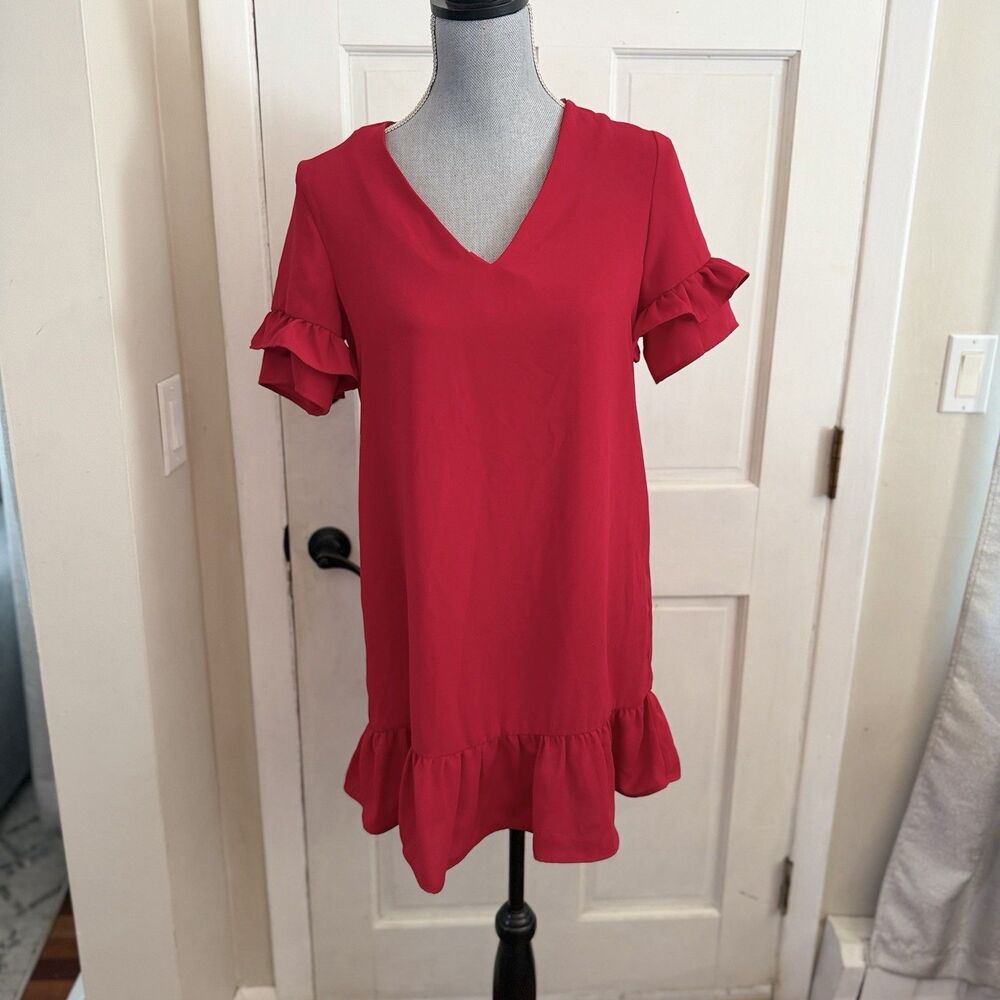 ZARA Women’s XS Red Ruffle Mini Dress V Neck Double Ruffle Sleeve Drop Hem